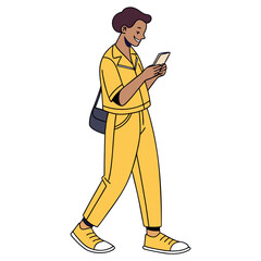 Smiling man in yellow outfit using smartphone walking