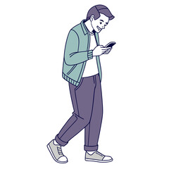 Smiling man using smartphone while walking mobile phone