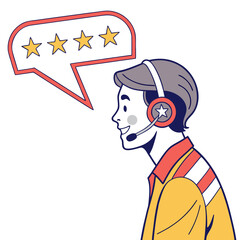 Smiling man wearing headset with star rating microphone