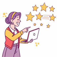 Smiling woman pointing at stars on laptop cartoon