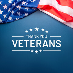 Veterans day. Blue background with American flag. Website banner and greeting card design template.