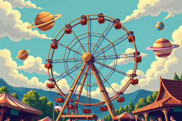 Whimsical ferris wheel spinning at illustrated oktoberfest fairground vibrant festival scene creative art environment