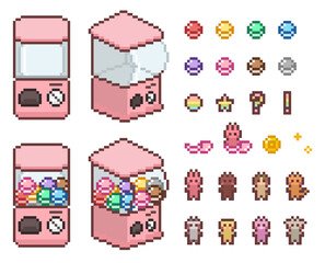 Fototapeta premium 8-bit pixel art gacha machine with capsule toys and cute animal toy doll characters for retro arcade game assets
