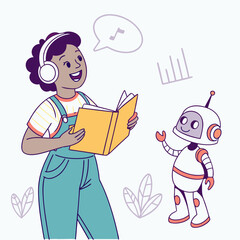 Smiling woman with headphones reads book near robot