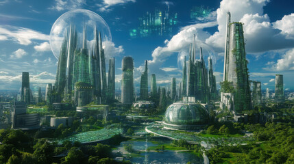 A futuristic city with tall buildings, green spaces, and a large dome in the background under a cloudy sky