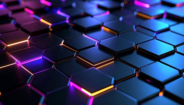 A dark, futuristic surface of glowing hexagonal tiles illuminated by vibrant purple and orange neon lights.