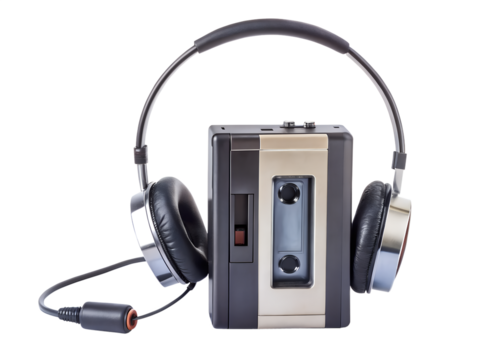 Retro cassette player with headphones isolated on transparent background, a vintage portable audio device for listening to music on the go