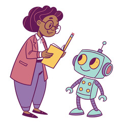 Teacher with book and robot friend pencil learning