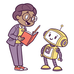 Teacher with robot and book pencil learning