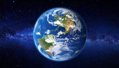 Earth viewed from space, showing continents, oceans, and cloud cover against a backdrop of stars and the Milky Way.