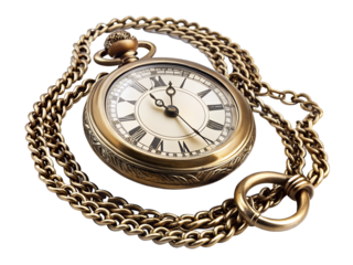 Antique golden pocket watch with chain isolated on transparent background, a vintage timepiece with roman numerals and ornate details, a classic retro style