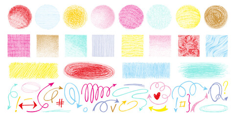 Set of abstract scribbles, textures and arrows