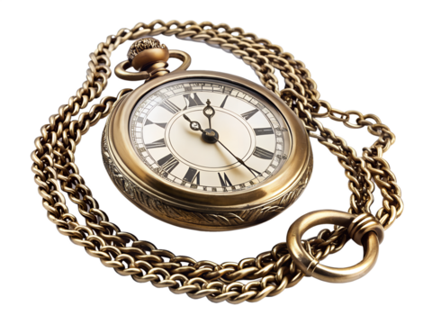 Antique golden pocket watch with chain isolated on transparent background, a vintage timepiece with roman numerals and ornate details, a classic retro style