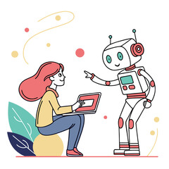 Woman and robot interacting with laptop technology