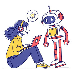 Woman and robot interacting with technology laptop