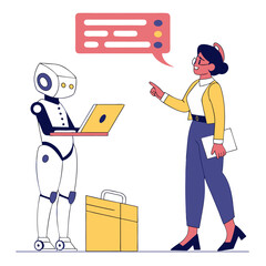 Woman and robot interaction with speech bubble technology