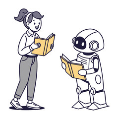 Woman and robot reading yellow books vector