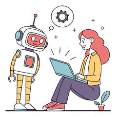 Woman and robot with laptop technology collaboration