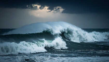 Fototapeta premium Dramatic ocean wave crashing, displaying powerful force under a stormy, cloudy sky.