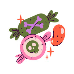 Halloween candy or sweet food. Vector trick or treat icon. Dessert snack, sugar caramel with jolly roger or skull. Confectionary gift in wrapper for October holiday, seasonal festive, autumn festival.