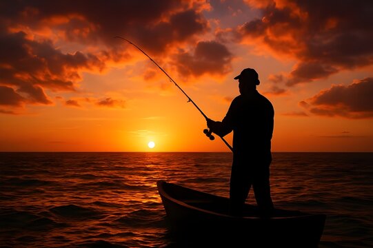 Silhouette of a lone fisherman casting a rod from a wooden boat at sea during a vibrant golden sunset with dramatic clouds and glowing ocean waves.