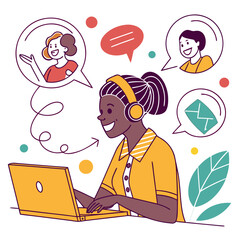 Woman communicating with people online laptop headphones