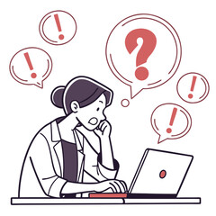 Woman confused by computer with exclamation marks and question mark