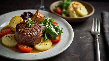 Gourmet beef tenderloin steak with roasted potatoes and fresh greens
