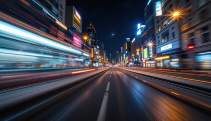 Naklejka premium Night Cityscape with Motion Blur and Glowing Lights 