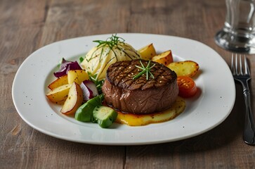 Gourmet beef tenderloin steak dinner with mashed potatoes and roasted vegetables