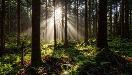 Fototapeta premium Sunlight streams through the trees in a lush, green forest, creating a serene and peaceful atmosphere.