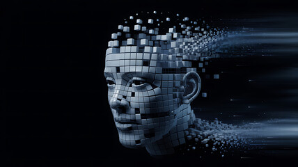 Futuristic digital world map with abstract human head and technology elements