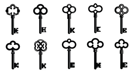 A collection of various old fashioned skeleton keys on a white background silhouette