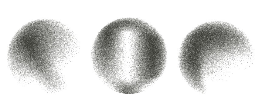 Dots dust circles set. Grainy diffuse spheres collection. Glitter texture brush powder balls isolated on transparent background. Vector gradient noise rounded figures.
