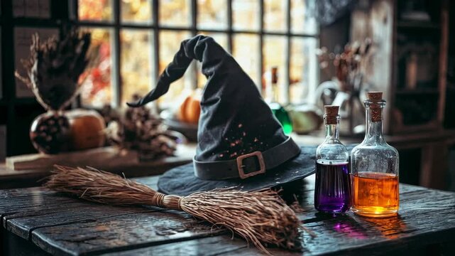 Enchanting autumn witchcraft scene with potion bottles and hat by window
