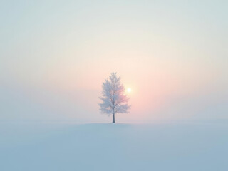 Fototapeta premium Arbre solitaire dans la brume hivernale au lever du soleil aux teintes pastel apaisantes
