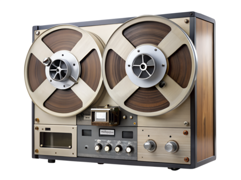 Vintage reel to reel tape recorder isolated on transparent background, a retro audio recording device with classic design, perfect for music production