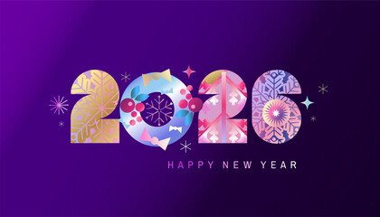 Merry Christmas and Happy New Year 2026 art holiday abstract background template neon gradient  bauhaus design with Gifts, ball toy,  tree, snowflake, garland Modern Xmas flat vector illustration