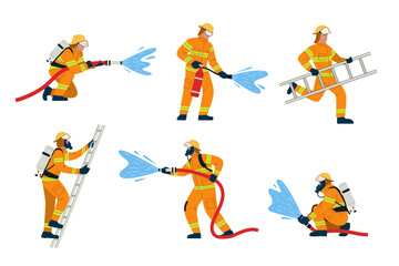 Firefighter character with fire hose and climbing ladder. Fireman in various action poses for emergency rescue concept