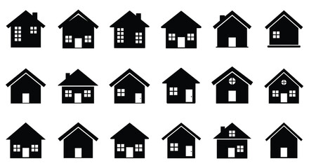 A collection of various simple black house icons on a white background silhouette