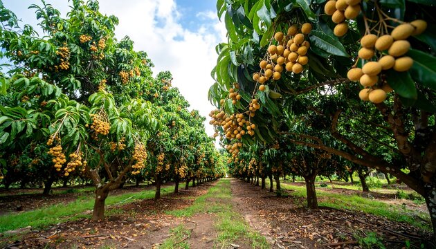 Rows of longan trees laden with ripe fruit in an orchard, under a partly cloudy sky.