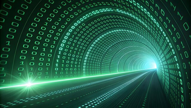 Abstract green digital tunnel with binary code and light streaks