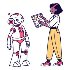 Woman presenting robot on tablet presentation technology