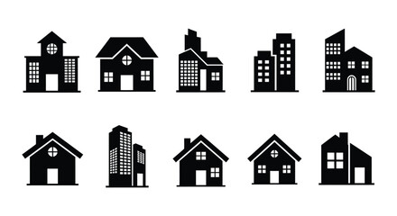 A collection of various house and building silhouettes in different styles and shapes