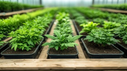 Rows of young green plants growing in black pots inside a bright greenhouse facility.