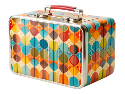 A colorful vintage suitcase isolated on transparent background, featuring a geometric pattern and metal accents, perfect for travel and stylish storage