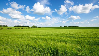 Fototapeta premium A vast, green field of wheat or barley under a bright blue sky with fluffy white clouds, suggesting a peaceful rural landscape.