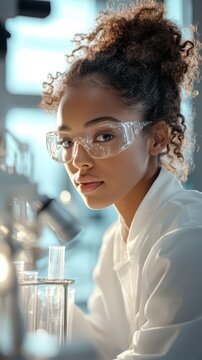 Scientist in protective goggles looks intently at laboratory equipment with tubes in a bright research environment, embodying the essence of future synthetic biology discoveries.