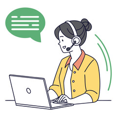 Woman wearing headset typing on laptop with speech bubble