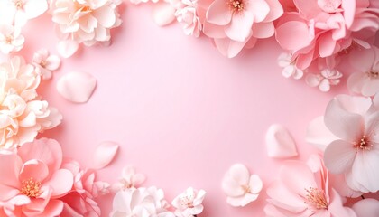 Delicate pink and white flowers arranged in a frame on a pastel pink background.